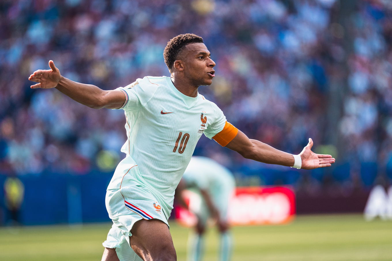 Kylian Mbappé of France celebrates a goal during the FIFA World Cup 2026 quarter-final against Morocco at Gillette Stadium in Foxborough