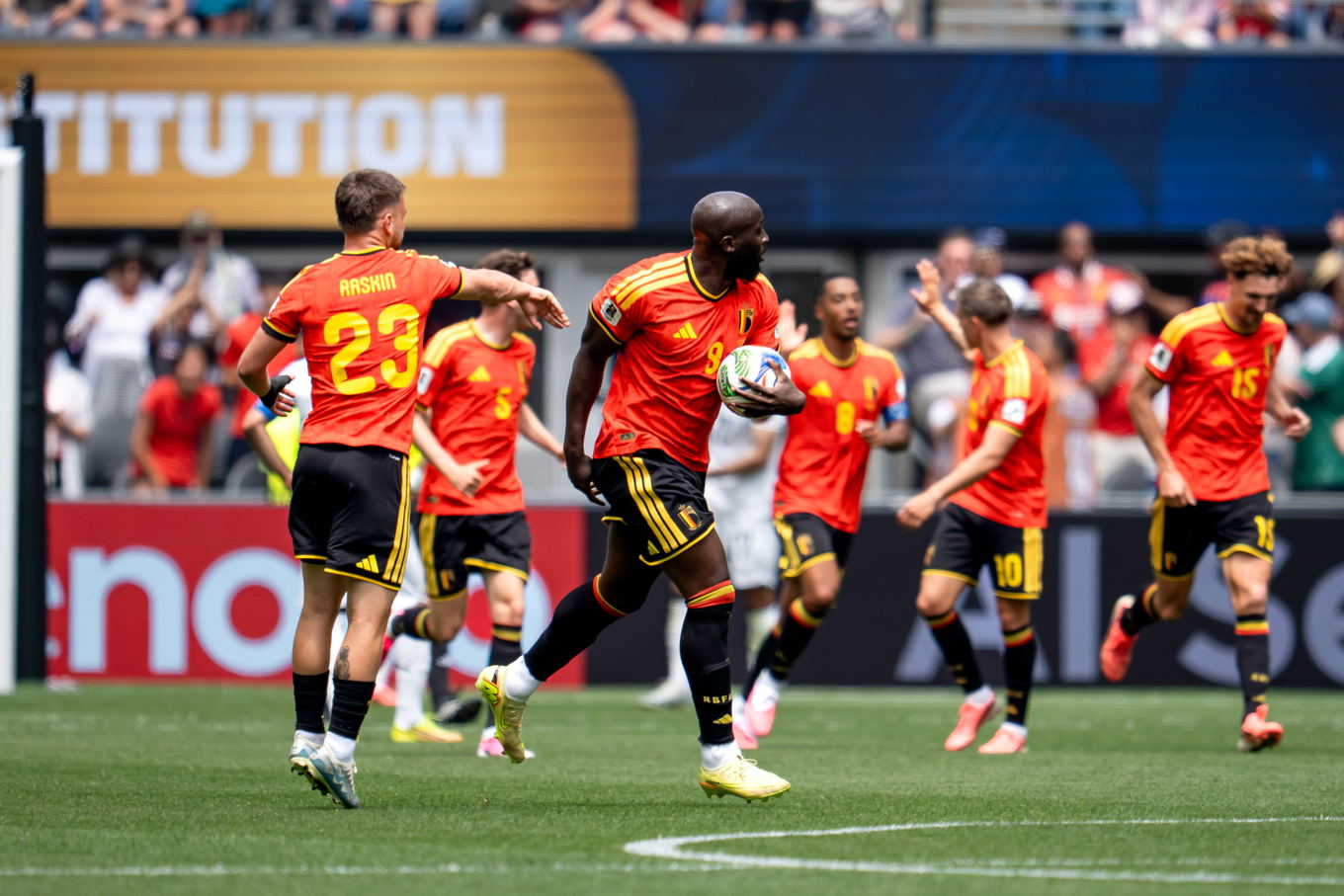 Seattle, Washington, June 15, 2026: Belgium's Romelu Lukaku (9) celebrates after scoring shortly after entering the match as a substitute during the FIFA World Cup 2026 Group G match against Egypt at Seattle Stadium in Seattle, Washington, USA. Belgium faces Egypt in a FIFA World Cup 2026 Group G match at Seattle Stadium.