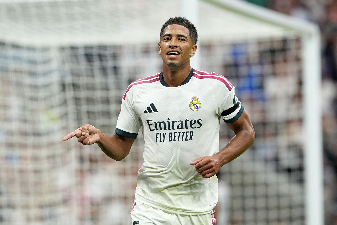 Jude Bellingham of Real Madrid celebrates a goal during the LaLiga match against Málaga at the Santiago Bernabéu in Madrid