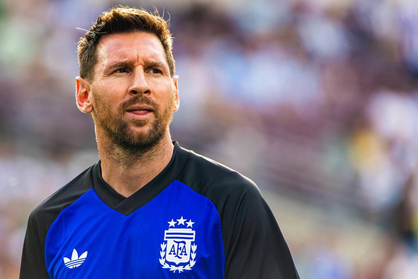 Argentina forward Lionel Messi (10) looks across the field during the pregame between Argentina and Honduras in a FIFA World Cup 2026 Friendly International at Kyle Field on June 6, 2026 in College Station, Texas.