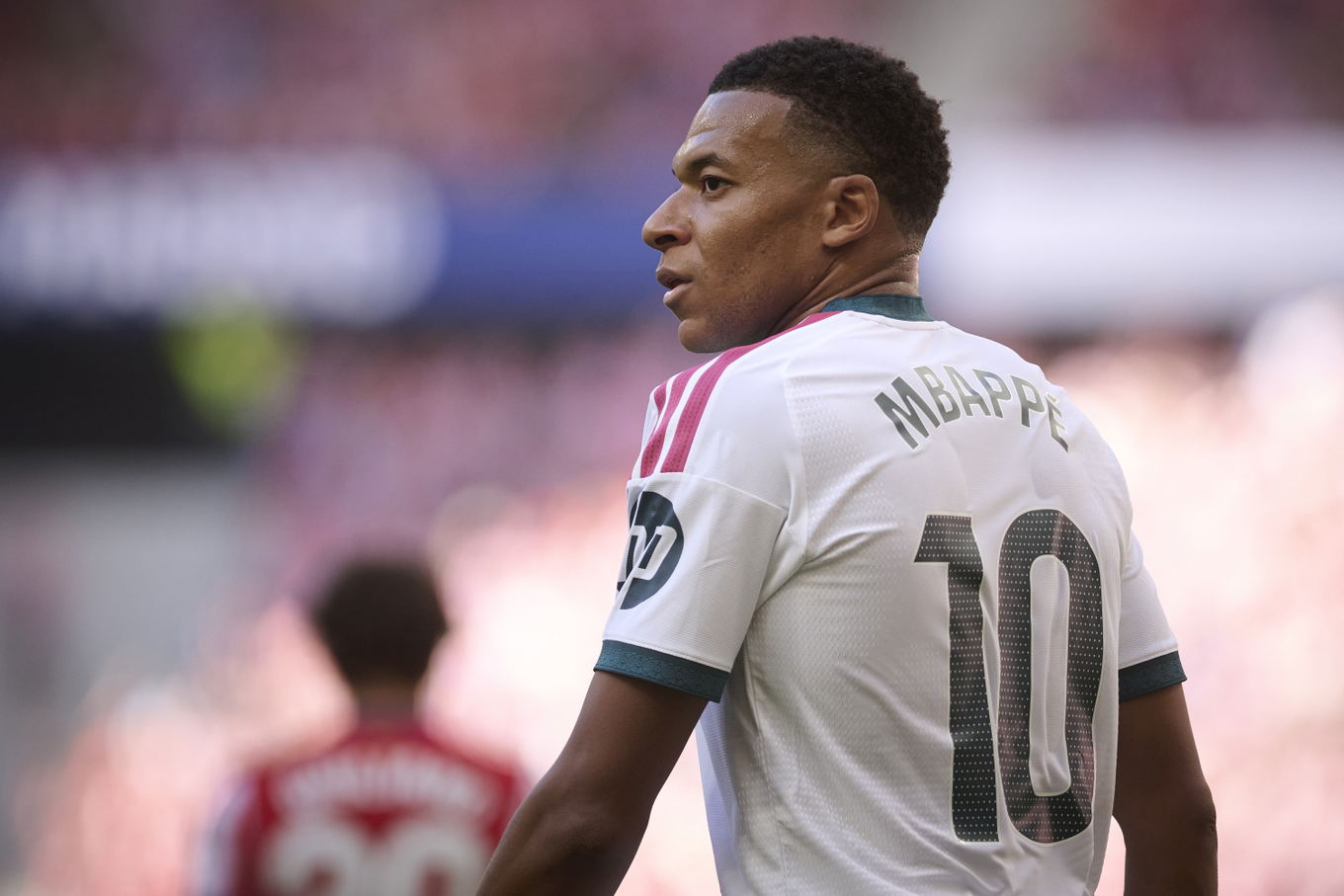 Kylian Mbappé of Real Madrid during the LaLiga derby against Atlético Madrid at the Metropolitano in Madrid