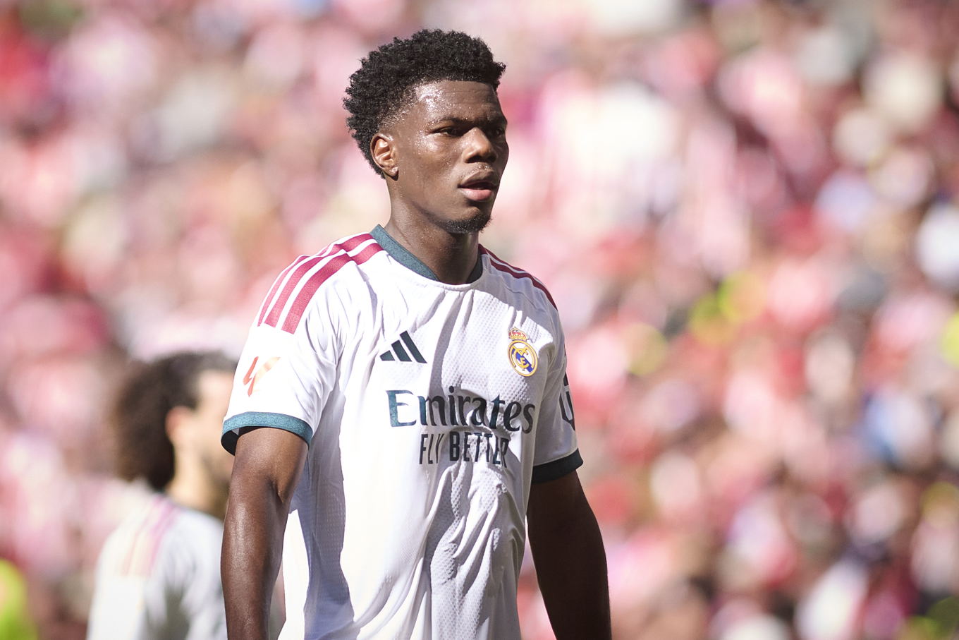 Aurélien Tchouaméni of Real Madrid during the LaLiga derby against Atlético Madrid at the Metropolitano in Madrid