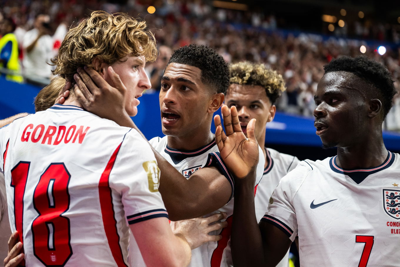 Anthony Gordon, Jude Bellingham and Bukayo Saka of England celebrate during the FIFA World Cup 2026 round of 32 match against DR Congo in Atlanta