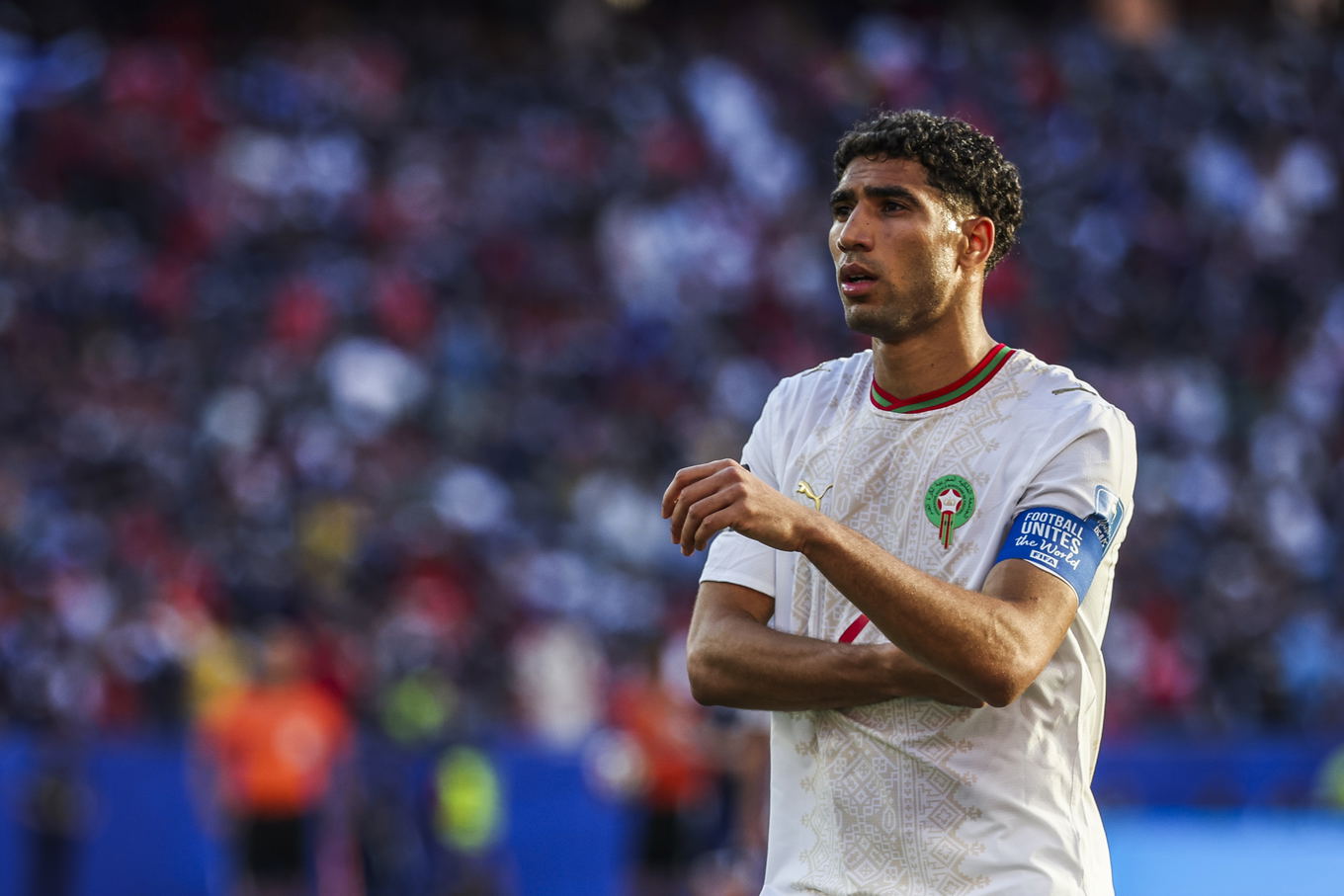 Achraf Hakimi of Morocco during the FIFA World Cup 2026 Group C match against Scotland at Gillette Stadium in Foxborough