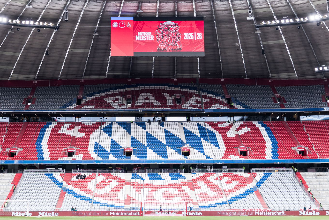 The Allianz Arena with Deutscher Meister 2025/26 graphics ahead of the Bundesliga match between Bayern Munich and FC Köln in Munich