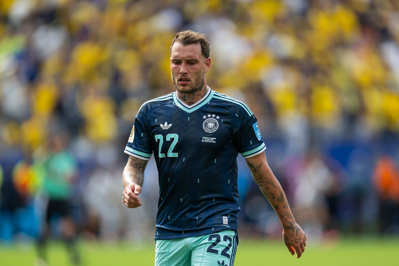 David Raum of Germany during the FIFA World Cup 2026 group-stage match against Ecuador in New Jersey