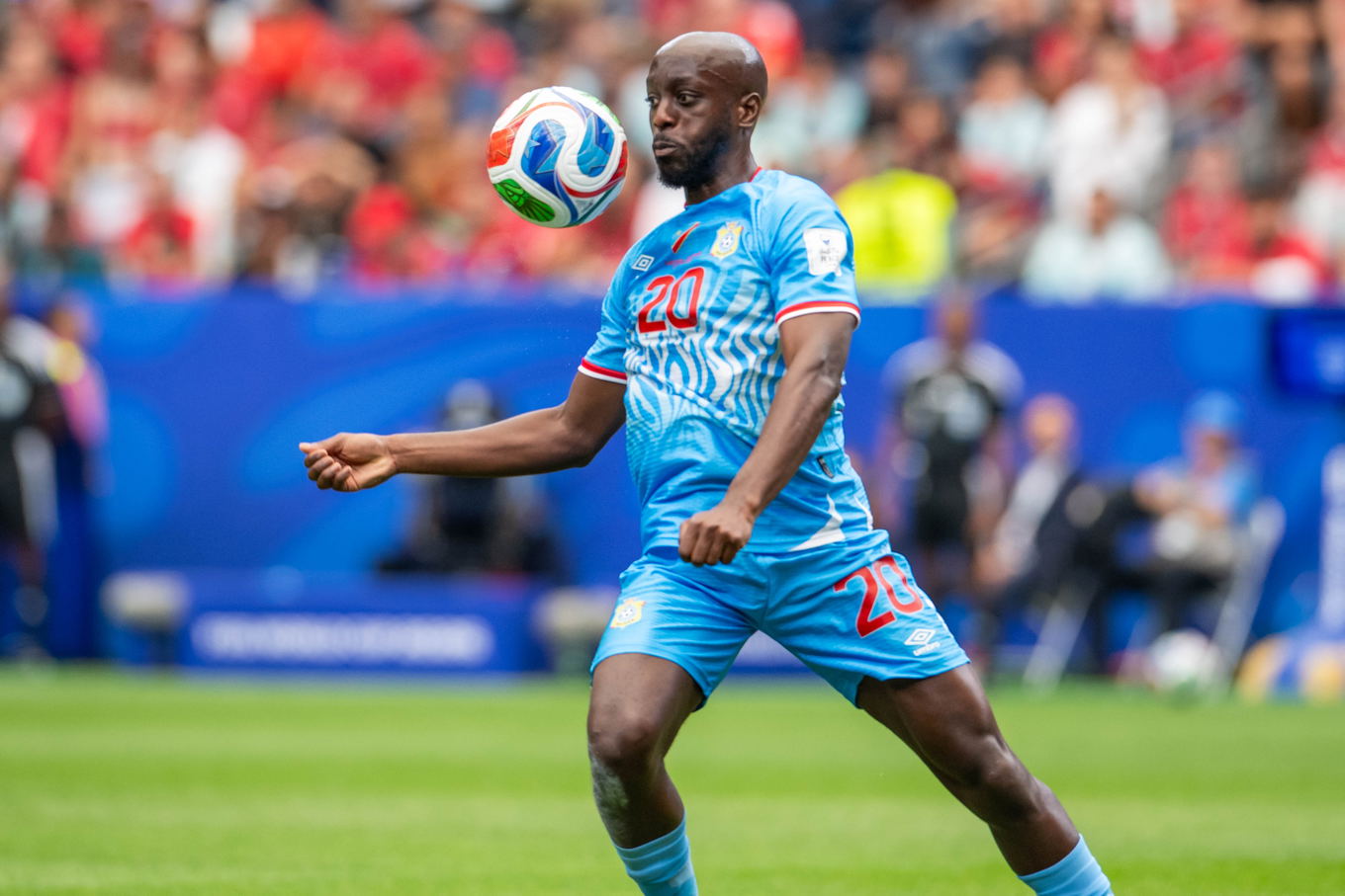Yoane Wissa of DR Congo controls the ball during the FIFA World Cup 2026 Group K match against Portugal in Houston