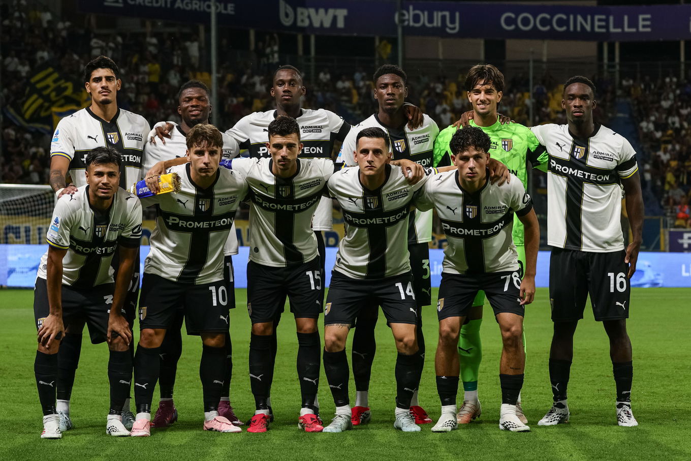 The Parma team line up before the Serie A match against Cagliari