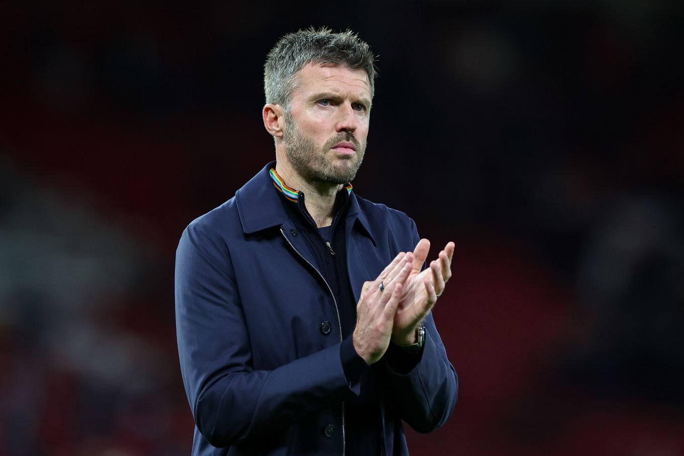 Manchester United manager Michael Carrick applauds the fans after the final whistle of the Carabao Cup third round match against Brighton & Hove Albion at Old Trafford
