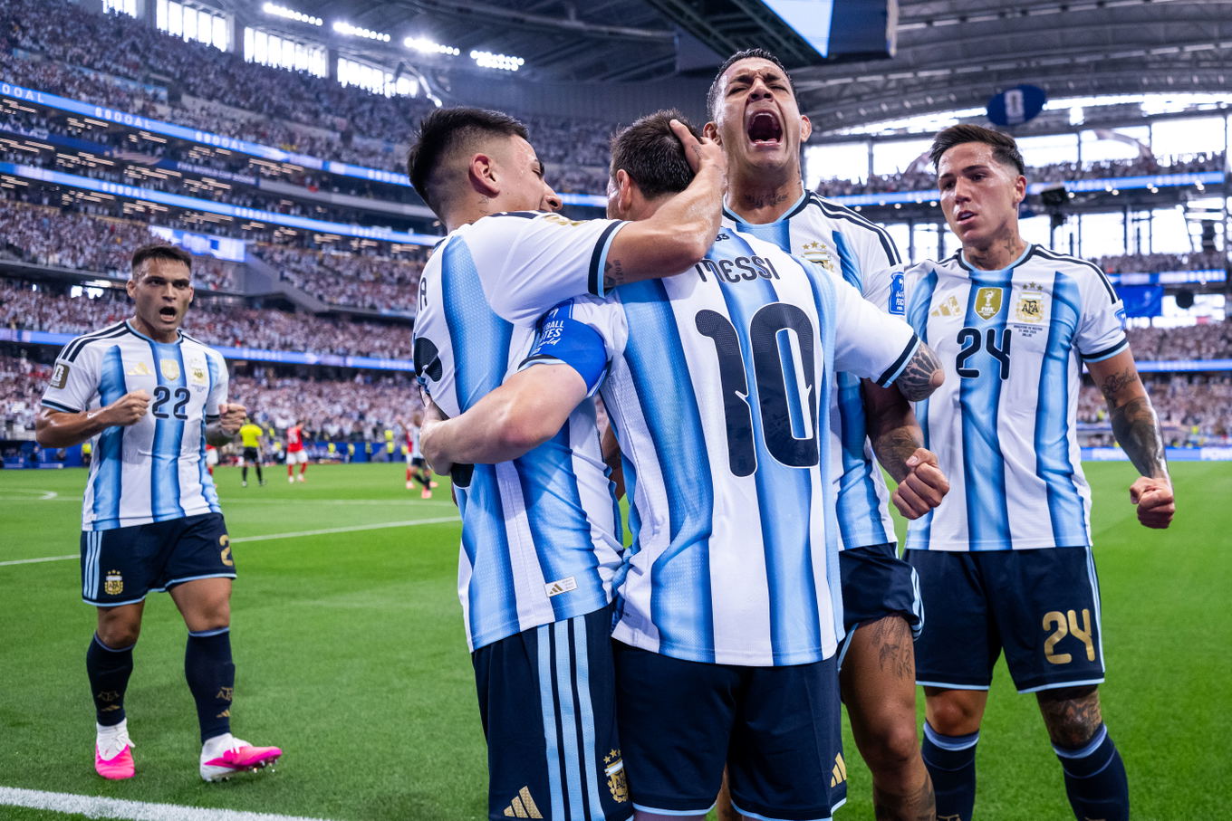 Lionel Messi of Argentina celebrates with teammates during the FIFA World Cup 2026 match against Austria in Dallas