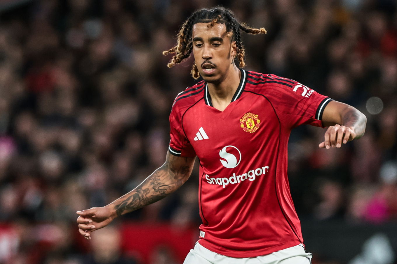 Leny Yoro of Manchester United during the Premier League match against Leeds United at Old Trafford in Manchester