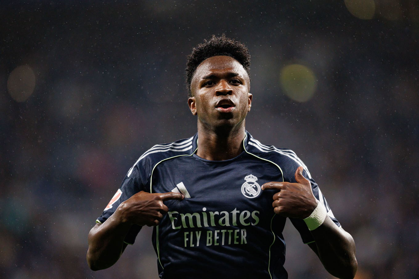 Vinícius Júnior of Real Madrid celebrates after scoring during the LaLiga match against Espanyol at the RCDE Stadium in Barcelona