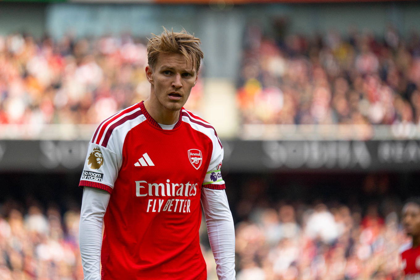 Martin Ødegaard of Arsenal looks on during the Premier League match against Leeds United at the Emirates Stadium