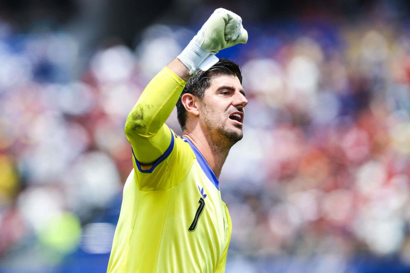 Goalkeeper Thibaut Courtois of Belgium celebrates a goal during the FIFA World Cup 2026 quarter-final against Spain in Los Angeles