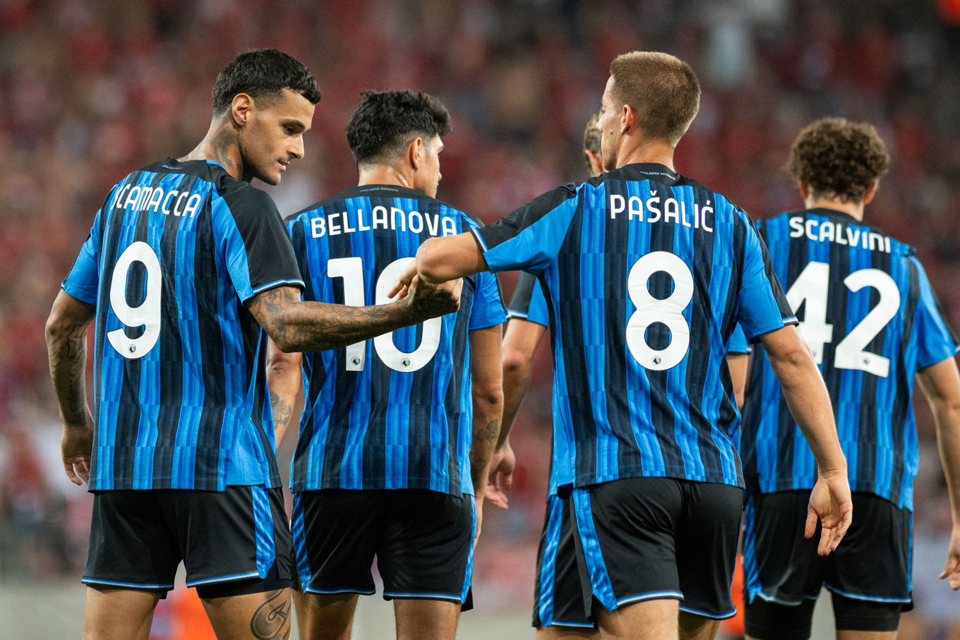 Gianluca Scamacca of Atalanta celebrates during the UEFA Conference League play-off against Hapoel Tel Aviv in Miskolc