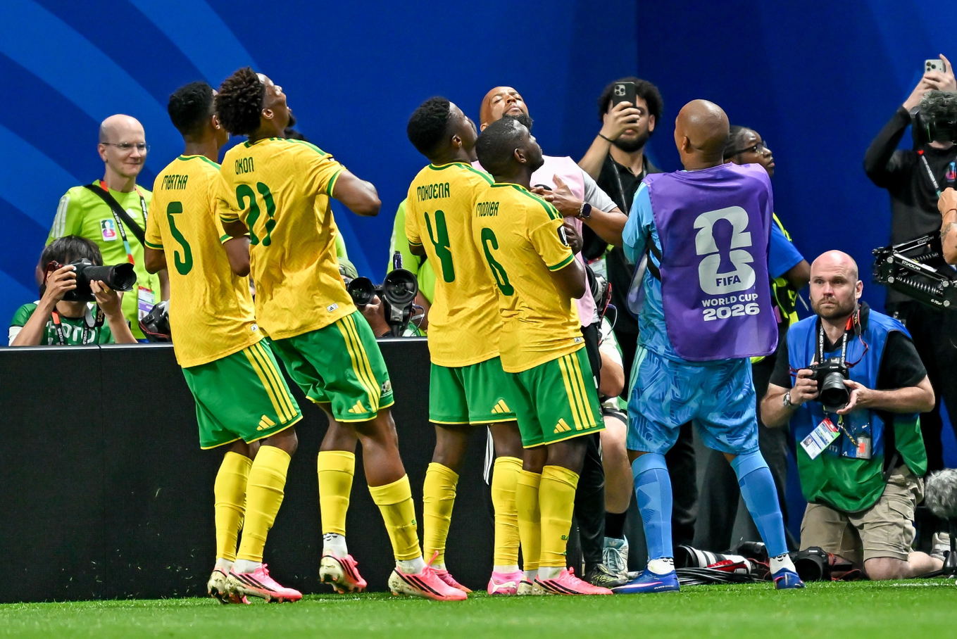 South Africa players celebrate a goal during the FIFA World Cup 2026 group-stage match against the Czech Republic at Mercedes-Benz Stadium in Atlanta
