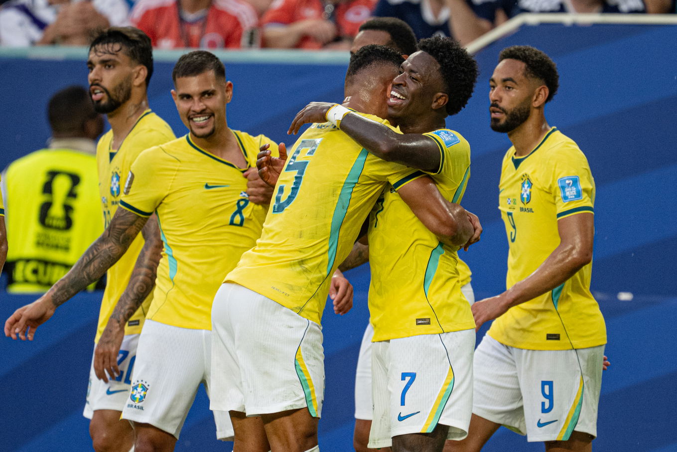 Vinícius Júnior of Brazil celebrates with Casemiro after scoring during the FIFA World Cup 2026 Group D match against Scotland in Miami Gardens