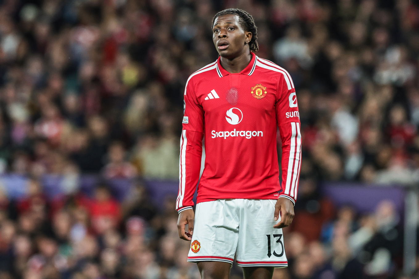 Patrick Dorgu of Manchester United during the UEFA Champions League match against Sabah FK at Old Trafford in Manchester