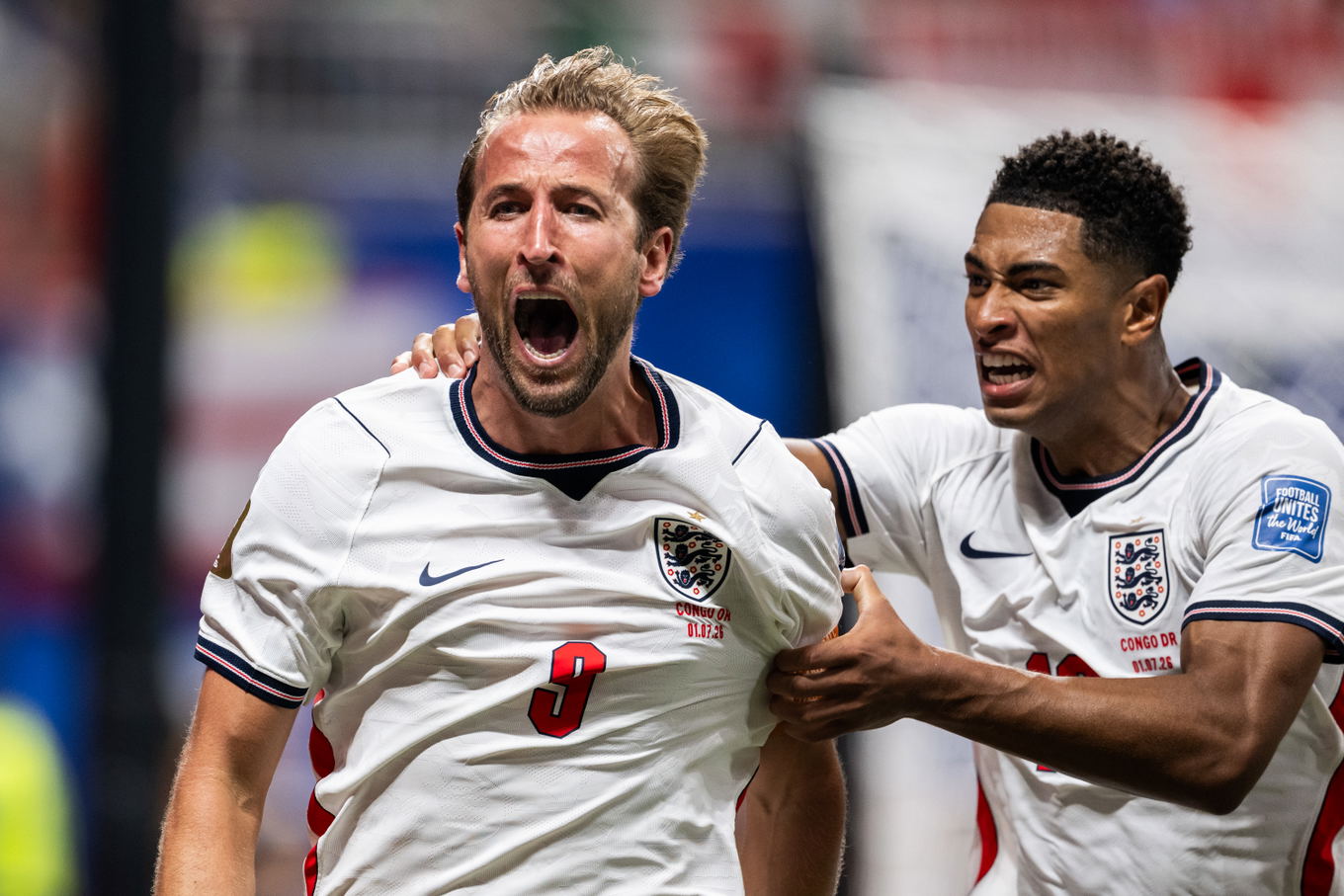 Harry Kane and Jude Bellingham of England celebrate during the FIFA World Cup 2026 round of 32 match against DR Congo in Atlanta