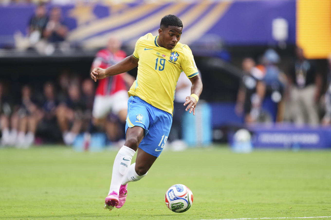 Endrick of Brazil during the FIFA World Cup 2026 round of 16 match against Norway at MetLife Stadium in East Rutherford